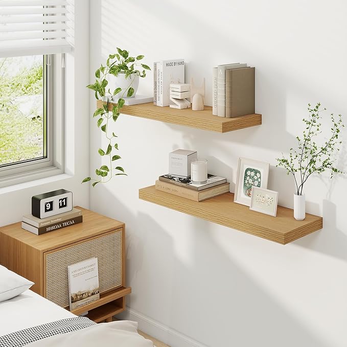 Fun Memories Floating Shelves for Wall, 30 Inch Rustic Wood Wall Mounted Shelves for Bathroom, Bedroom, Kitchen, Living Room, Deep Floating Shelves for Storage & Home Decor (Oak, Set of 2)