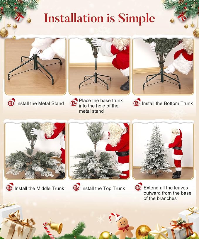 Decoway 7ft Artificial Christmas Tree, Unlit Snow Flocked Xmas Tree with 2364 Branch Tips and Sturdy Metal Stand for Indoor Outdoor Home Decoration