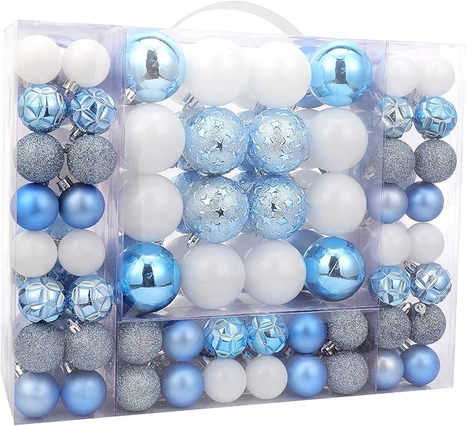 87ct Christmas Ball Ornaments Set Shatterproof Seasonal Hanging Decorations with Reusable Hand-held Gift Package for Xmas Tree Holiday Party and Home Decor, Airy Blue