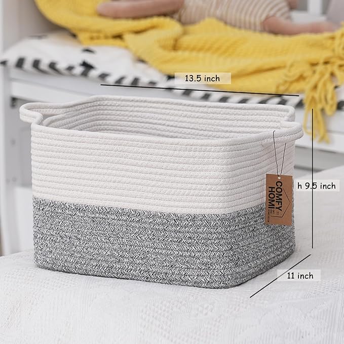 COMFY-HOMI Cotton Rope Woven Basket with Handles for Shelves,Toys,Book, Cloth Storage Baskets Bin for Organizing-13.5"x11"x9.5" Toy Decorative Organizer for Living Room, Bathroom-White/Grey