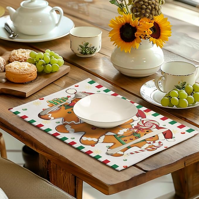 Gingerbread Man Christmas Placemats Set of 4 Candy Cane Xmas Seasonal Holiday Linen Table Mats Red Green Orange Winter Washable Place Mats for Party Kitchen Dining Outdoor Indoor Decor