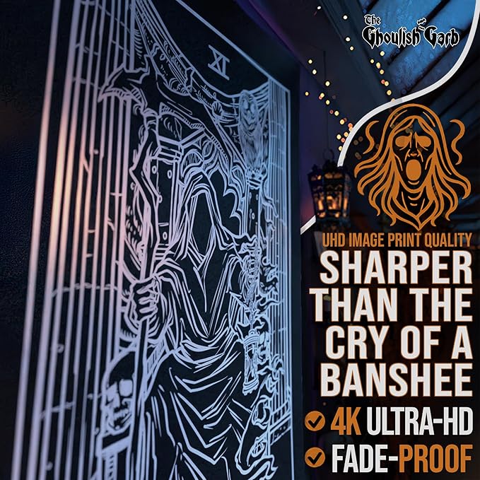 The Ghoulish Garb Justice Tarot Card Tapestry (Black & White) - Grim Reaper - Gothic Halloween Home Decor Wall Hanging (80" x 68")