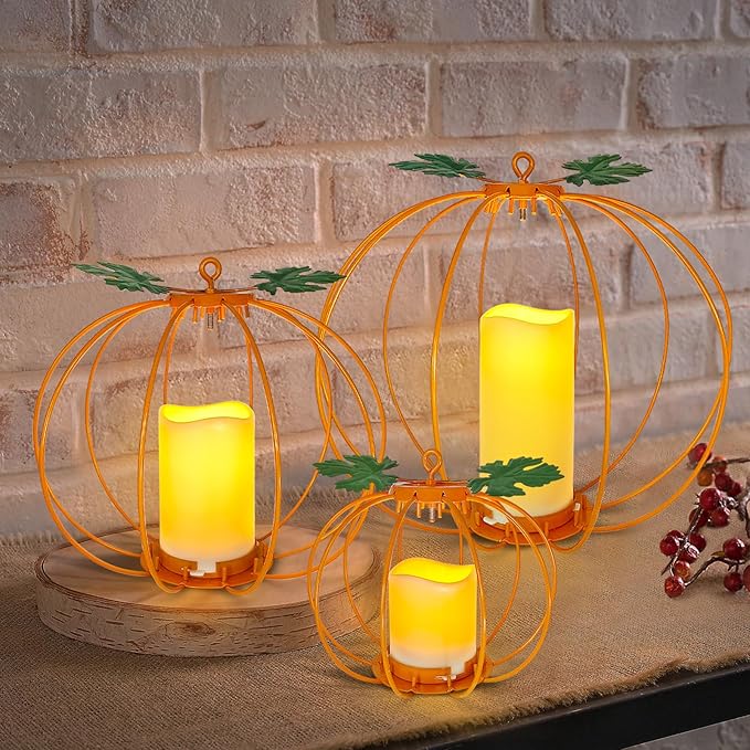 Halloween Light Up Pumpkin Lantern, 3 Pcs Metal Orange Pumpkin Candle Holders with Timer Flickering Yellow LED Candle Lights for Thanksgiving Halloween Harvest Fall Home Decor