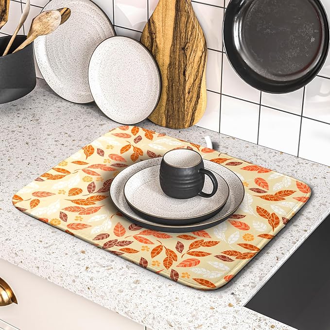 Fall Leaves Dish Drying Mat for Kitchen Counter Autumn Orange White Leaves Seasonal Super Absorbent Reversible Microfiber Kitchen Countertop Protector Dishes Pad Small 16x18 inch