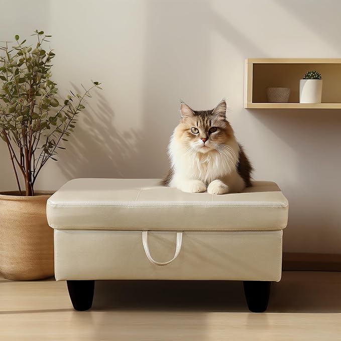 Ottoman Rectangular Storage Ottoman Bench, Faux Leather Footrest, Coffee Table, Stool Footstool with Hinged Lid for Living Room, Bedroom, Entryway, White, 28.5"x19"x17.5"