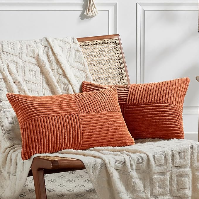 Fancy Homi Set of 2 Burnt Orange Long Lumbar Decorative Throw Pillow Covers 12x24 Inch for Living Room Couch Bed, Boho Farmhouse Fall Home Decor, Soft Corduroy Corss Textured Cushion Case 30x60 cm