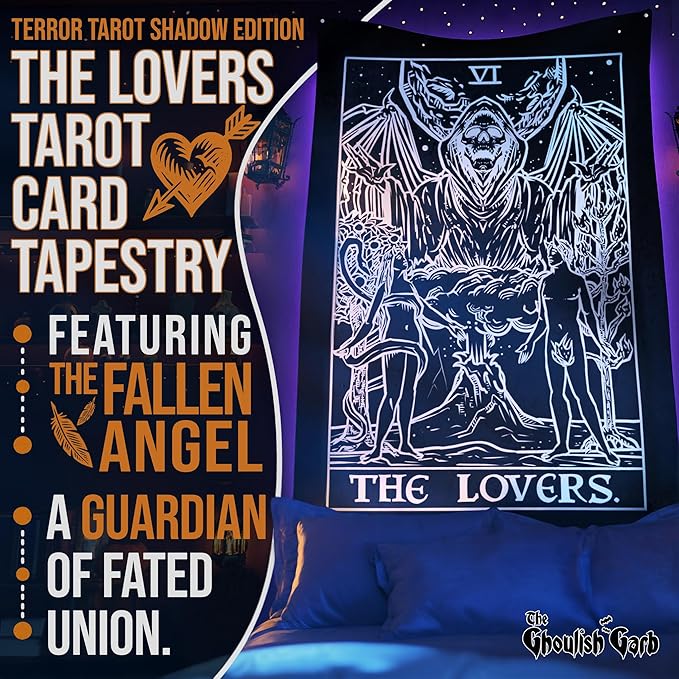 The Lovers Tarot Card Tapestry (Black & White) - Grim Reaper - Gothic Couple Halloween Home Decor Wall Hanging (59" x 51")