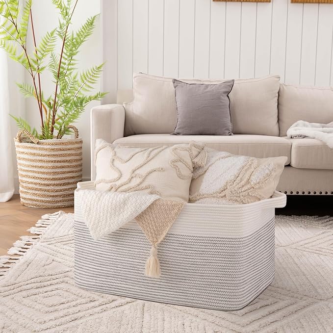 OIAHOMY 95L Blanket Basket, 24”x17”x14”, Large Woven Baskets for Storage, Nursery Cotton Rope Basket with Handle, Living Room, Nursery, Bedroom,Toy Baskets Organizer Bins, Black and White