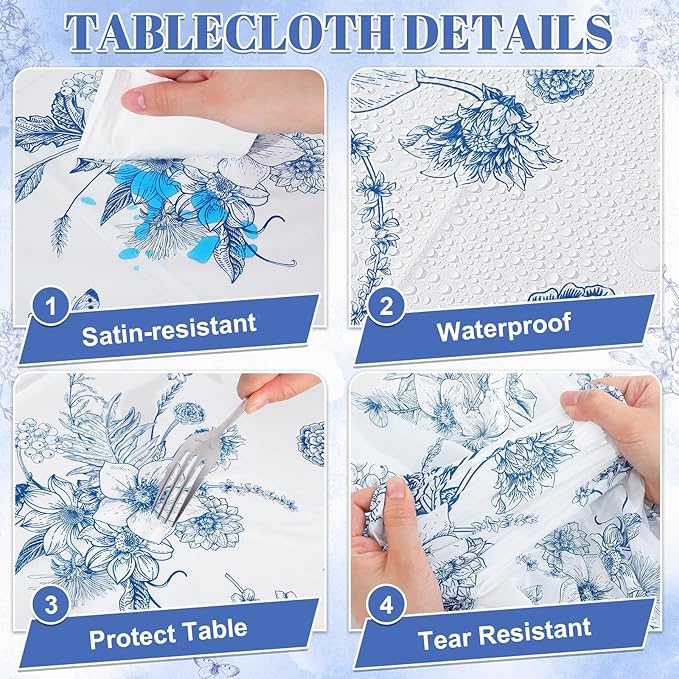 3 Pack Blue Floral Plastic Tablecloths, 54 X 108Inch Tea Party Tablecloth Disposable Vintage Table Cloths Blue and White Porcelain Tables Decor for Birthday Garden Wedding Tea Party Supplies