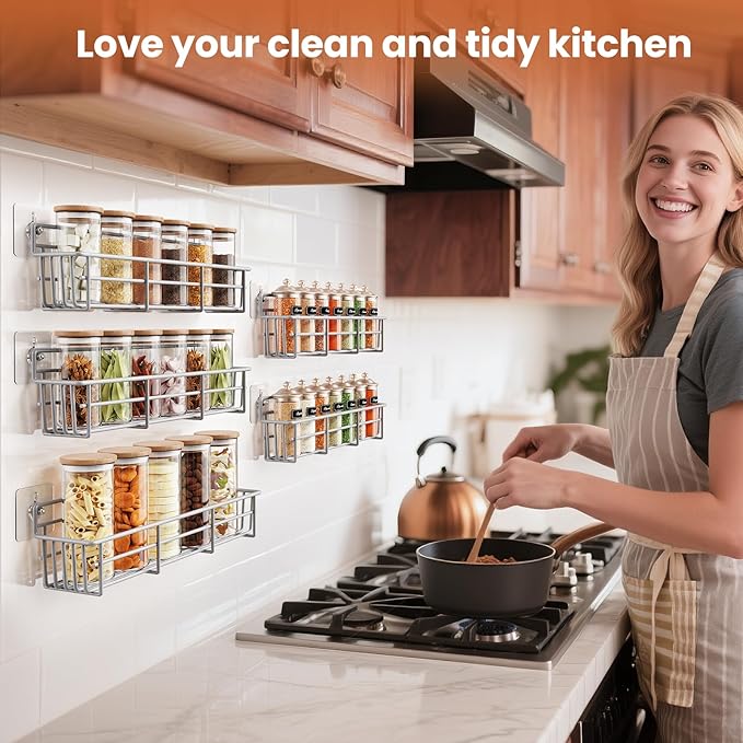 5 Pack Spice Rack Seasoning Organizer Wall Mount, Screw or Adhesive Hanging Shelf Basket Spice Organizer Shelf for Kitchen, Silver