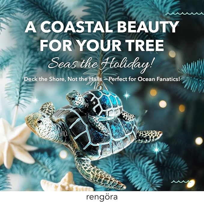 Hand-Painted Beach Christmas Ornament – Coastal Tree Decoration for Ocean Lovers – Unique Nautical Ornament for Christmas Tree or Stocking Stuffer Gift (Blue Sea Turtle Mother and Baby)