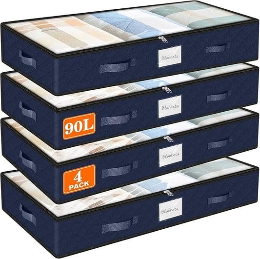 SpaceWhisper 90L Under Bed Storage Containers, 4-Pack Storage Bins with Clear Top, Foldable Closet Organizers and Storage with Label Holder for Clothing, Blankets, Comforter & Pillows(Blue)