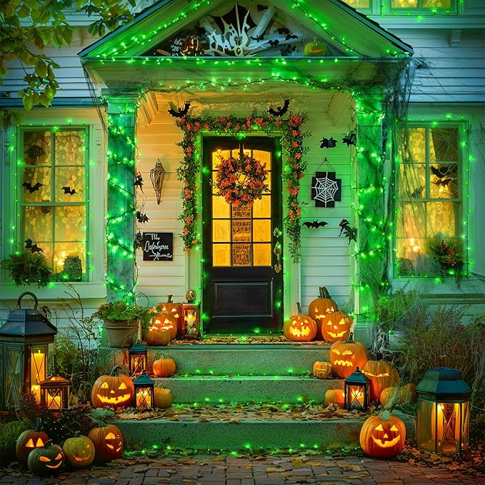 JMEXSUSS 2 Pack Green Halloween Lights, Total 400 LED 151FT Green Solar Lights Outdoor Waterproof, 8 Modes Solar Christmas String Light for Outside Patio Yard Tree Christmas Halloween Decorations