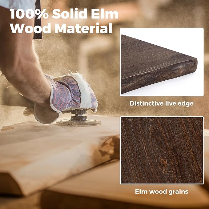 RICHFOCUS Live Edge Elm Floating Shelves - 24" W x 9.3" D Rustic Solid Wood Wall Shelves with Invisible Bracket, Wall-Mounted for Living Room, Bedroom, Kitchen Storage & Display, Set of 2, Walnut