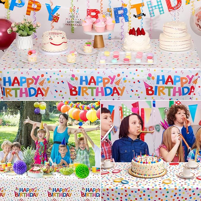 3 Pack Plastic Birthday Tablecloth, 54 x 108 Inch Disposable PE Happy Birthday Tablecloth Waterproof Rectangle Birthdays Party Table Cover for Birthdays Party Decorations