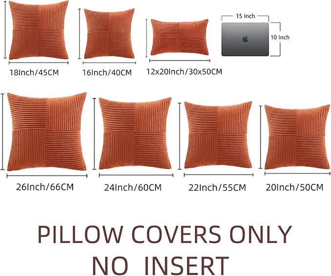 Fancy Homi Set of 2 Burnt Orange Decorative Throw Pillow Covers 18x18 Inch for Living Room Couch Bed, Boho Farmhouse Fall Home Decor, Soft Textured Corduroy Corss Patchwork Cushion Case 45x45 cm