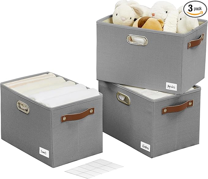 Large 3-Pack Foldable Fabric Storage Bins with Durable PU & Metal Handles, Collapsible Storage Baskets for Shelves, Home Storage, Closet Organizers, Living Room(14.9"x9.8"x9.8", Grey)