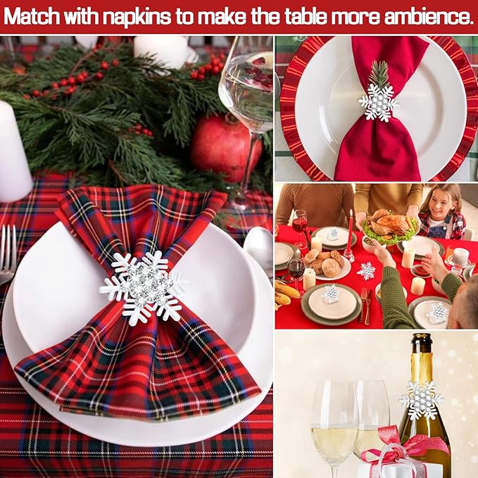 Halatool Set of 8 Christmas Napkin Rings White Snowflake with White Rhinestone Napkin Holder for Christmas Thanksgiving Holiday Party Table Decoration