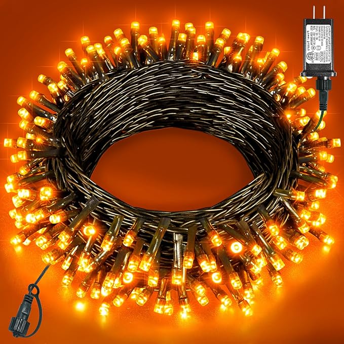 Halloween Lights Outdoor 40FT 120 LED, Green Wire String Lights for Outside Waterproof, 8 Modes Connectable Twinkle Tree Light for Indoor Bedroom Yard Party Holiday Decorations, Orange