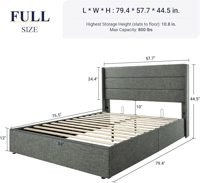Allewie Full Size Lift Up Storage Bed, Modern Wingback Headboard, Hydraulic Support, No Box Spring Needed, Dark Grey