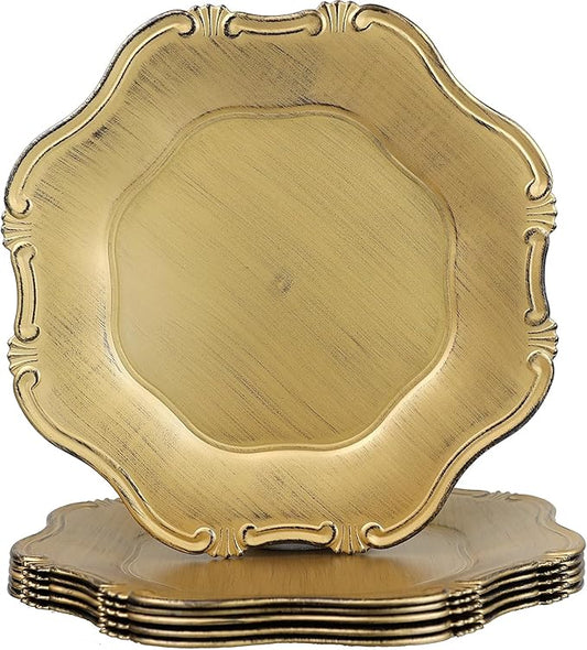 Gold Charger Plates Set of 6, Decorative Table Plastic Chargers for Dinner Plates, Party, Wedding, Thanksgiving, Christmas, 22G
