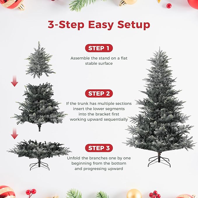 7.5ft Pre-lit Artificial Christmas Tree with Incandescent Warm White Lights, Snow Flocked Full Prelighted Xmas Tree Automatic Branch Tips, UL Listed Lights & Foldable Stand, Green & White