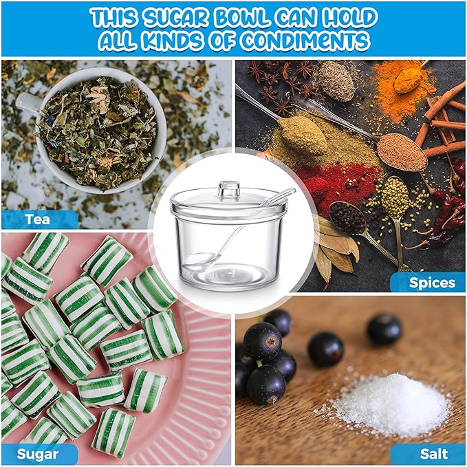 Patelai 4 Pieces Sugar Bowl Acrylic Clear Sugar Bowl with Lid and Salt Spoon Storage Jar with Airtight Lid for Salt, Tea, Spices, Herbs, Condiments(7.1 oz)