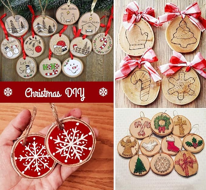 60 Pcs Wood Slices for Crafts, 1.7"-2.1" Pre-Drilled Holes Wood Rounds, 66 FET Twine String, Wooden Circles for Crafts Burning Painting DIY Crafts Christmas Wedding Party Wedding Decor Party