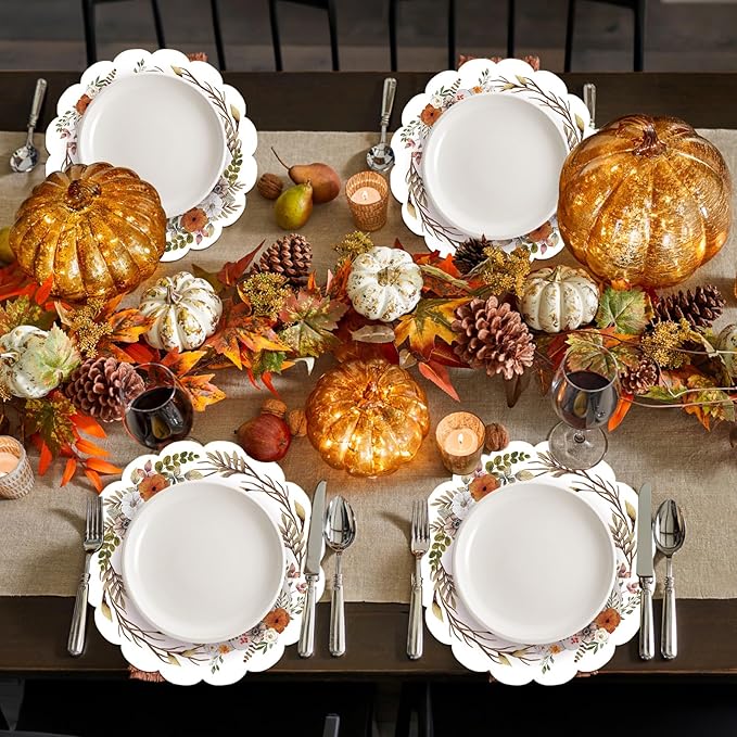 50Pcs Fall Flower Oval Paper Placemats,13.4 Inch Watercolor Pumpkin Leaves Round Table Mats Fall Thanksgiving Scalloped Disposable Placemats for Autumn Thanksgiving Birthday Party Supplies
