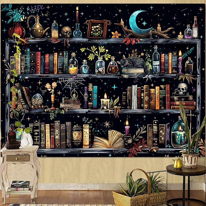 Accnicc Magic Bookshelf Tapestry Magical Witchy Potion Dark Hippie Haloween Tapestries Wall Hanging Gothic Skull Black Cat Library Book Large Tapestry for Bedroom Living Room Dorm 90 x 68 inch