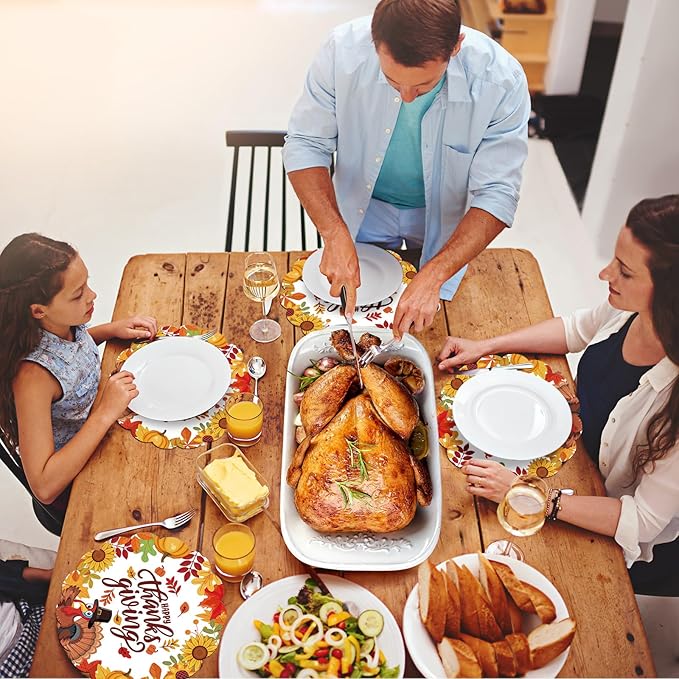 50Pcs Thanksgiving Fall Round Paper Placemats,13.4 Inch Pumpkin Turkey Disposable Placemats Autumn Maple Leaves Round Table Mats for Harvest Birthday Thanksgiving Party Supplies