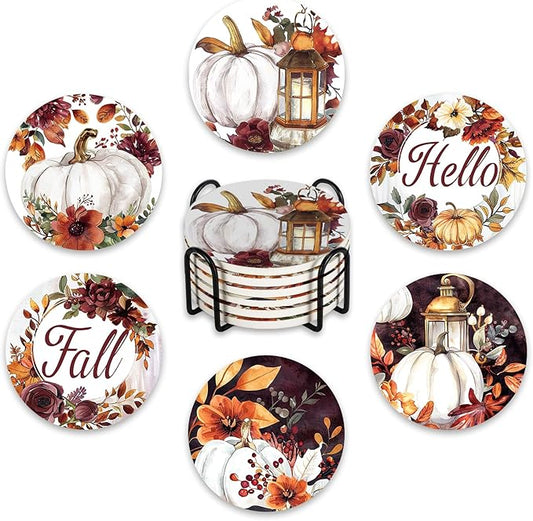 Hello Fall Drink Coasters with Holder Set of 6, Autumn White Pumpkin Floral Absorbent Ceramic Cup Mat for Coffee Table Protection, 4 Inches Vintage Flower Home Kitchen Decor Housewarming Gifts