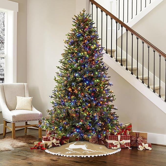 36 Inch Christmas Tree Skirt, Burlap Linen Color Christmas Rustic Tree Skirt with Elk Deer and White Snowflake Printed for Holiday Party Xmas Tree Decoration