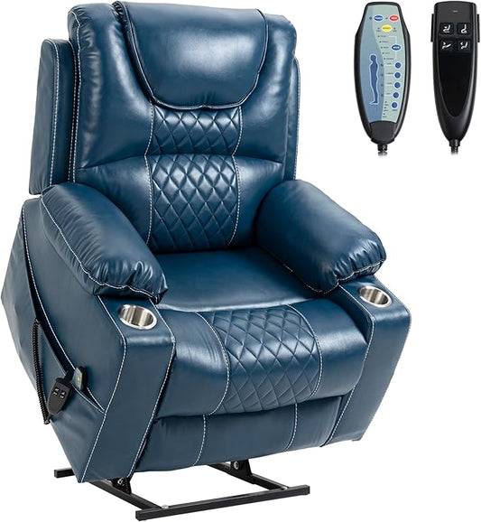 Dual Motor Power Lift Recliner Chair for Adults Elderly, Lay Flat Faux Leather Recliners with Massage Heating, Infinite Position, 2 Cup Holders, 2 Side Pockets, Up to 400LBS