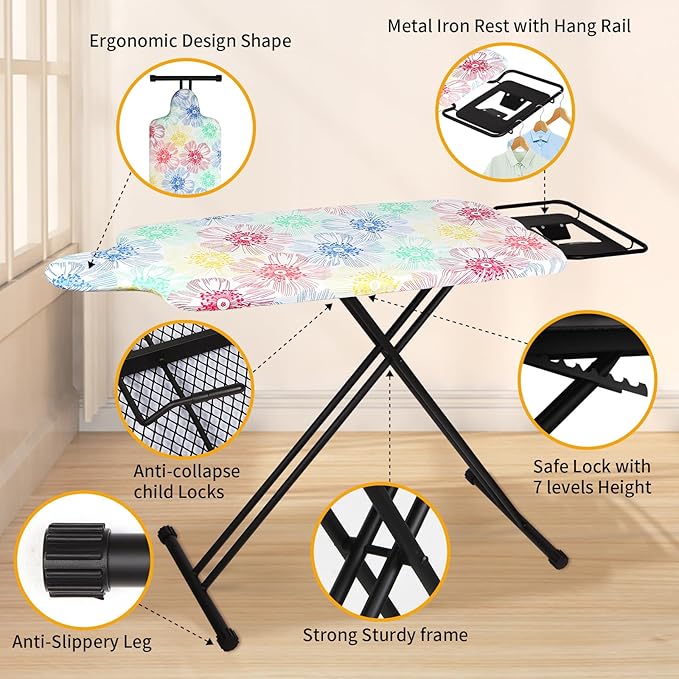 Extra Large Ironing Board with Hang Rail and Iron Rest 63" L x 20" W (Large with Iron Rest (Floral Cover))