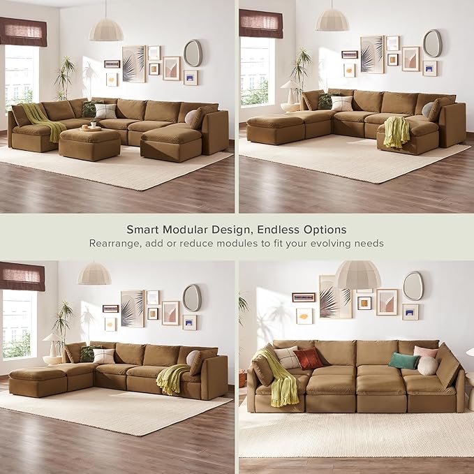 mopio Oversized Modular Sectional Sofa with Fully Removable Covers and Storage, Convertible U, L-Shaped and Sleeper Sectional, Modern Couches with Ottoman Chaise (Hazelnut Velvet, 8 Seats, U)