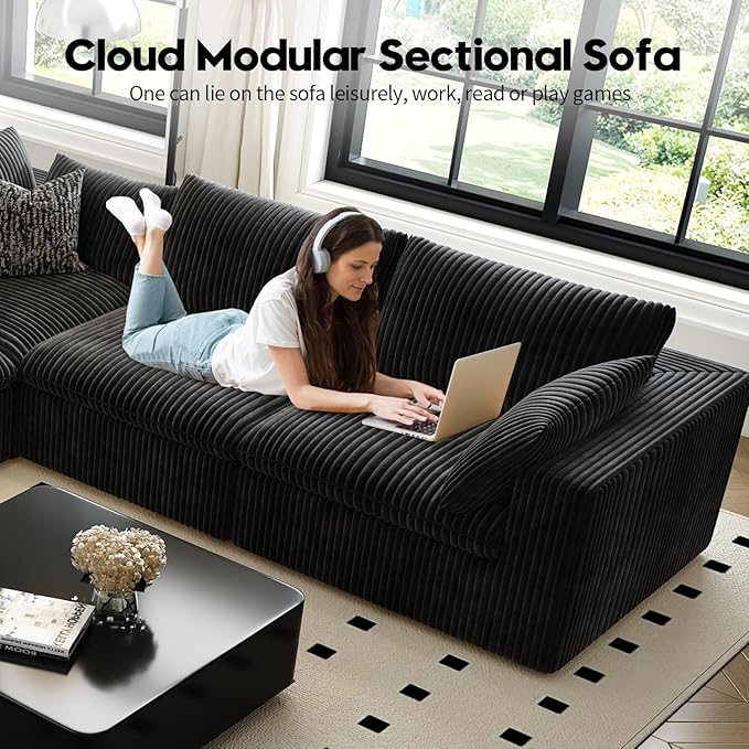 157.5" Cloud Couch Modular Sectional Sofa for Living Room,Modern Sofa with Deep Seat，L-Shape Boneless Couch with Ottoman,Comfy Upholstered Corduroy Couches for Apartment, Studio, Office,Bedroom，Black