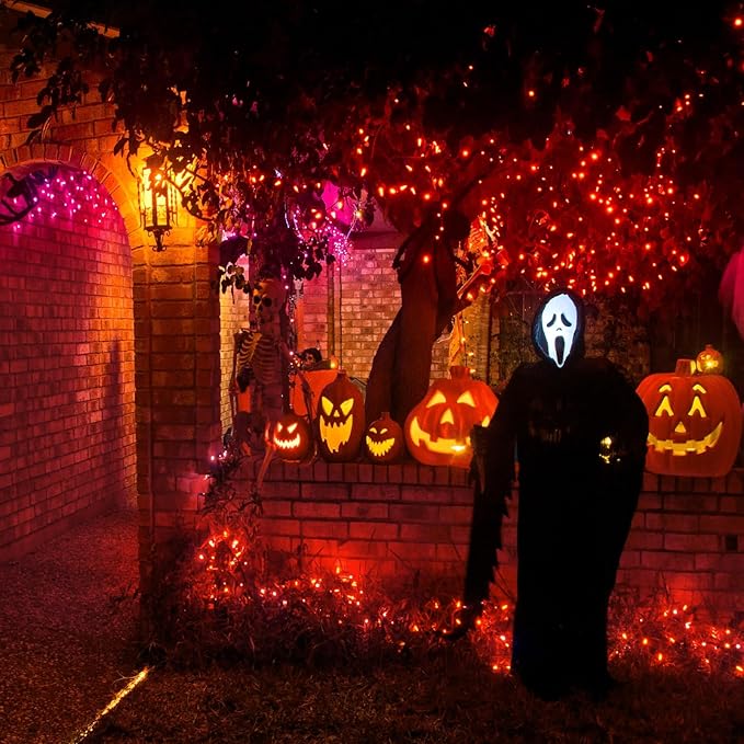 Orange Halloween Lights Outdoor, 100FT 300 LED Halloween String Lights with 8 Modes Waterproof, Plug in Green Wire Twinkle Tree Light for Indoor Patio Yard Party Holiday Decorations