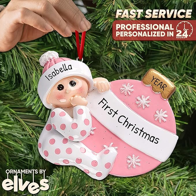 3D Personalized Babys First Christmas Ornament 2025 Girl | Baby's First Christmas Ornament 2025 Baby Ornaments for Xmas Tree My 1st Xmas Ornaments for Couples New Parents - Pink Polka Dot Baby Girl