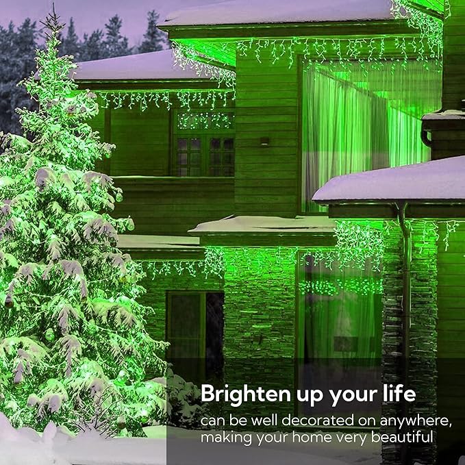 Hopolon 33FT 360L LED Christmas Icicle Lights Outdoor Waterproof,8 Modes Plug in Curtain String Lights with 60 Drops,Christmas Lights for Wedding,Party,Bedroom,Home,Garden,Wall Decorations(Green)