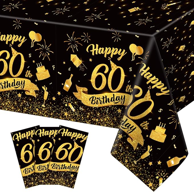 3 Pack 60th Birthday Tablecloth, Plastic Black Gold Table Cloths 60th Birthday Table Cover, Disposable Rectangle Table Cloths for Birthday Party Decorations, 54x108
