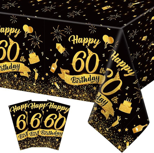 3 Pack 60th Birthday Tablecloth, Plastic Black Gold Table Cloths 60th Birthday Table Cover, Disposable Rectangle Table Cloths for Birthday Party Decorations, 54x108