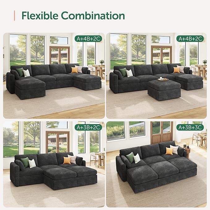 HONBAY Sectional Couch with Storage Seats, Modular Sofa with Storage Ottoman, U Shaped Sectional Couches for Living Room, Grey