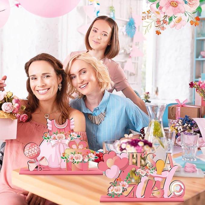 6pcs Pink Baby Shower Decorations Wooden Centerpieces for Girls Floral It's a Girl Gender Reveal Table Centerpiece Party Supplies Baby Girl Pregnancy Announcement Table Topper