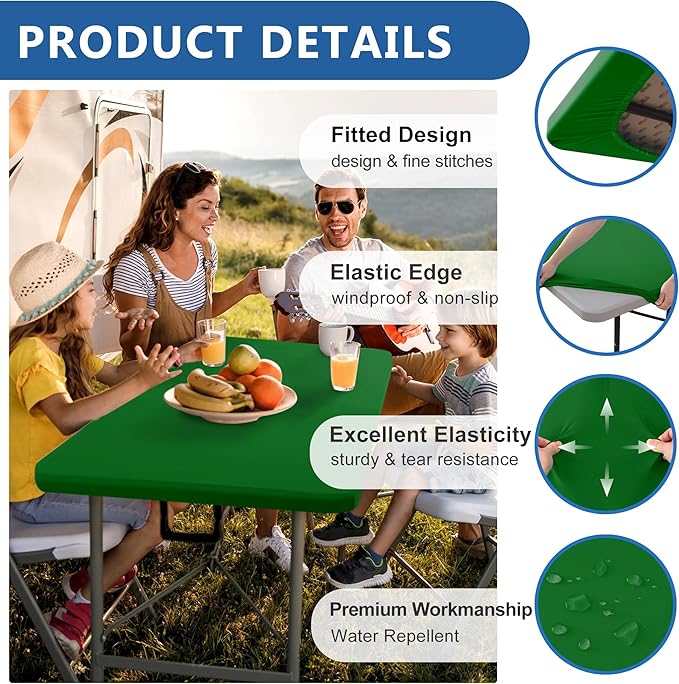 Fitted Tablecloth for 6 Foot Rectangle Tables-4 Pack Green Elastic Outdoor Picnic Table Cover-Spandex Stretch Folding Table Cloths 6 ft for Camping Dining Room Patio Kitchen Banquet Party