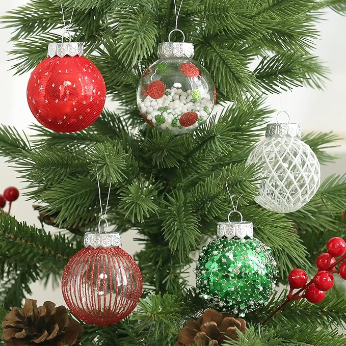 25PCS Christmas Ornaments Set, 2.36"/6CM Assorted Clear Plastic Shatterproof Ball Hanging Ornaments for Xmas Tree Decorations, for Indoor Home Holiday Decor - Red/Green/White.