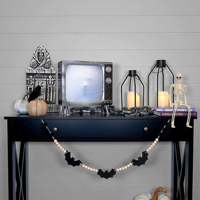 Haunted Hill Farm Haunted TV by Tekky, Battery-Operated, Motion Activated Animatronic Television with Sound Effects and Lights for Indoor or Covered Outdoor Creepy Halloween Decoration, 11" Haunted Tv