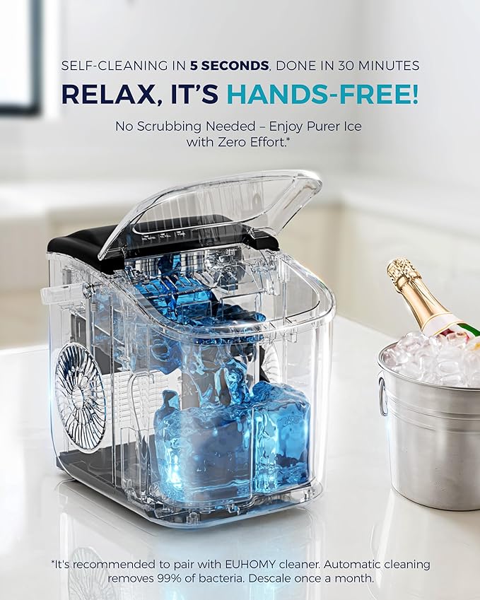 EUHOMY Countertop Ice Maker Machine with Handle, 26lbs Per Day, 9 Ice Cubes Ready in 6 Mins, Auto-Cleaning Portable Ice Maker with Basket and Scoop, for Home/Kitchen/Camping/RV (Silver)