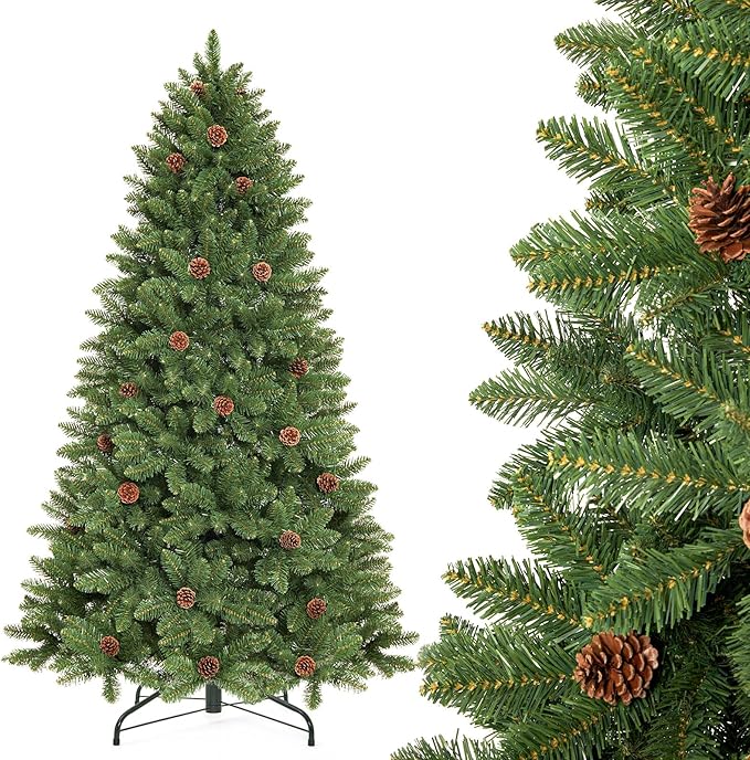 Decoway 6FT Artificial Christmas Tree: Unlit Green Xmas Pine with Pinecones and Metal Stand for Indoor - Holiday Decoration for Porch Living Room Easy Assembly