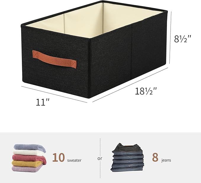 linen closet organizers and storage, 3 Pack Large Storage Baskets, Washable, Clothing Storage Bins with Handle, Closet Organizer for Storage Sweater,Sheets (Black, 18½"x11"x8½")